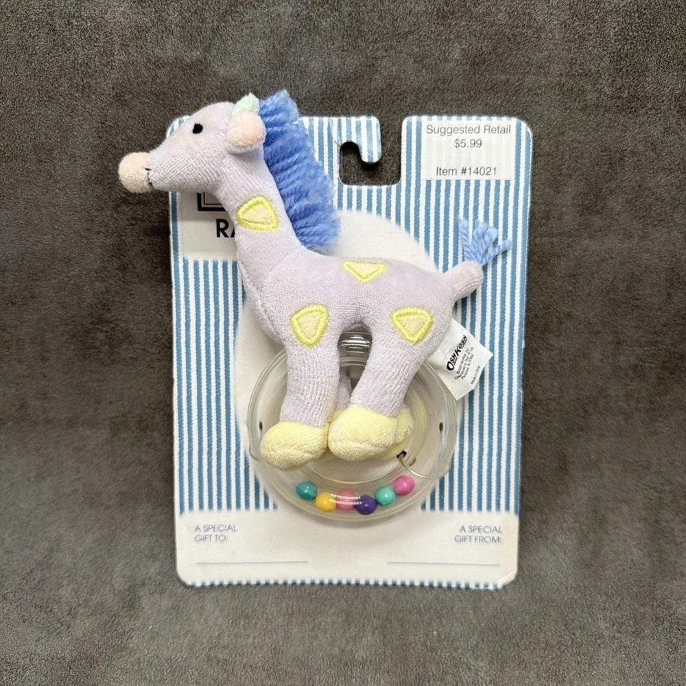 Vintage Toys R Us Oshkosh B'gosh Lavender Giraffe Plush With Rattle Ring Beads